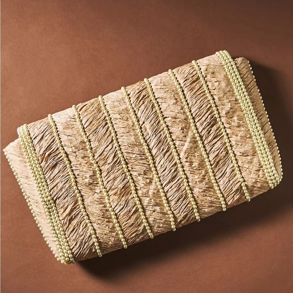 RARE Anthropologie Boho Raffia Pearl-Embellished Clutch, Like New with Chain - Picture 2 of 7